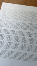 Load image into Gallery viewer, A close-up, angled view of printed text on a page, with the words 'writing letters' and 'texting relationships' visible in the dense black print on off-white paper.