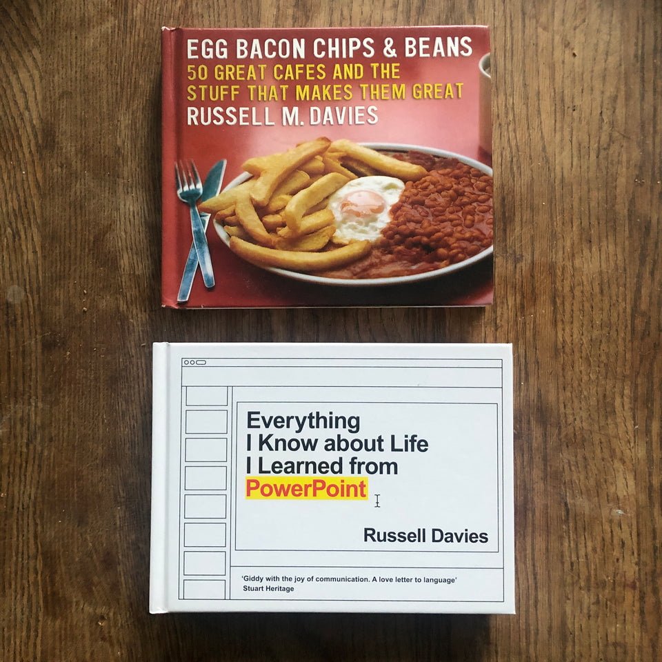 Two books: Egg Bacon Chips & Beans and Everything I Know About Life I Learned From PowerPoint